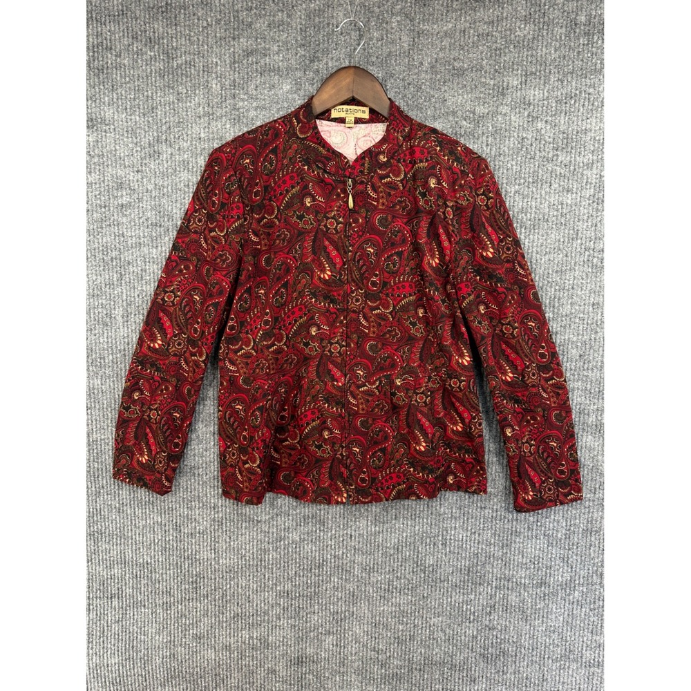 Notations Petite Jacket Women PM Red Paisley Full Zip Mock Neck Excellent Boho